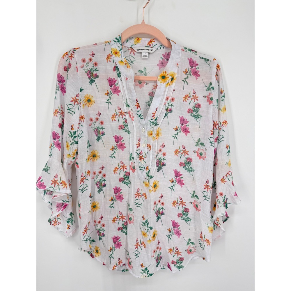 Counterparts Floral Blouse Women S White Pink Ruffle Bell Sleeve 911P369HA